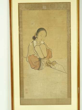 CHINE Femme à l'éventail Lavis  XIXème siècle