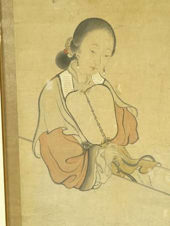 CHINE Femme à l'éventail Lavis  XIXème siècle