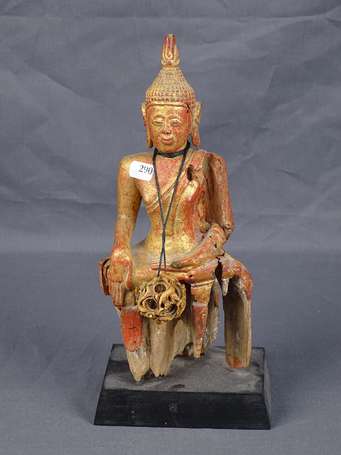 Ancien bouddha en bois doré érodé et boule de 