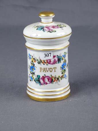 Petit pot à pharmacie en porcelaine polychrome. 