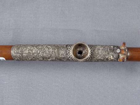 Ancienne pipe à opium en bambou. Plaquette en 