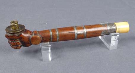Ancienne petite pipe à opium en bois cerclé 