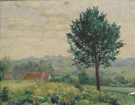 ECOLE XXe - Paysage bucolique. Huile sur panneau, 