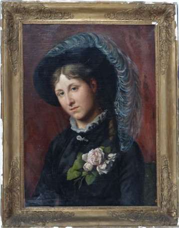 Ecole XIXème S. Femme aux roses Huile sur toile 73