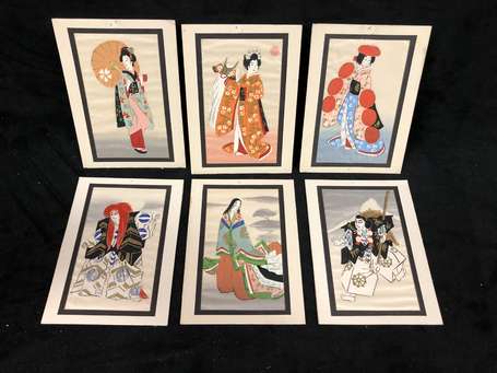 Chine ou Japon - 6 petites peintures sur tissu 