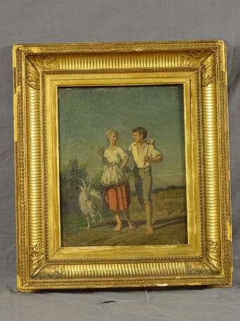 ECOLE XIXe -  Jeune couple de paysans. Huile sur 