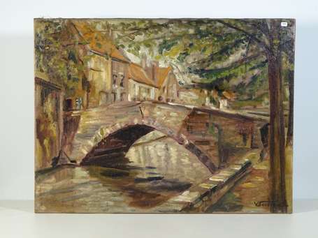 Ecole XXe- Paysage urbain au pont.  Huile sur 