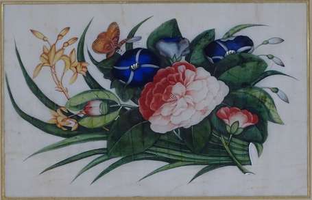 ECOLE CHINOISE XIXe - Lotus, fleurs et papillons. 