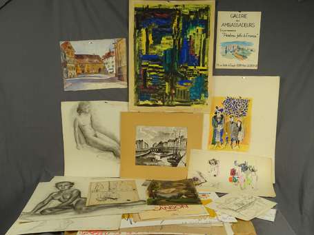 ECOLE XXe - Ensemble de 70 dessins et peintures, 