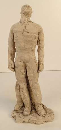 ECOLE XXe - Homme debout. Sculpture en terre crue.
