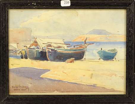 ECOLE XXe - Bateau près d'Oran. Aquarelle, signée,