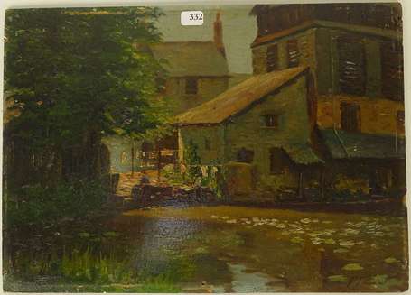 LEONARD P. XIXe - Maison en bord de rivière. Huile
