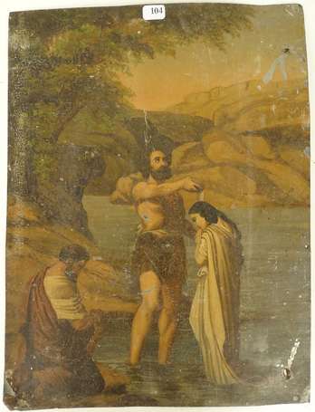 ECOLE XIXe - Le baptême du Christ. Huile sur métal