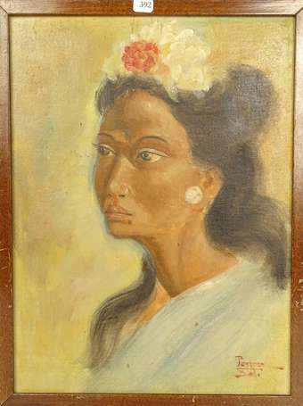PORTER XXe - Portrait de femme à Bali. Huile sur 