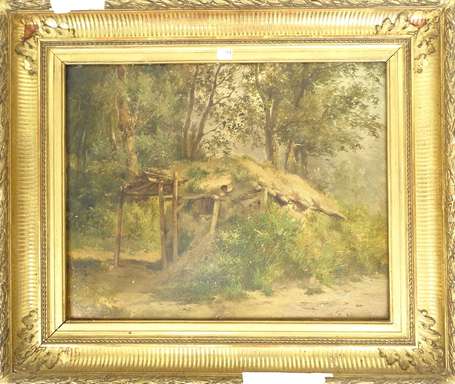 ECOLE XIXe - Cabane en forêt. Huile sur carton, 