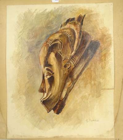 SUAREZ G. XXe - Masque africain. Aquarelle, signée