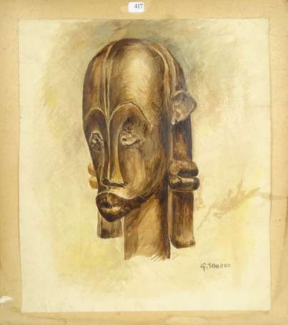 SUAREZ G. XXe - Masque africain. Aquarelle, signée