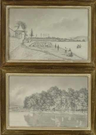 ECOLE XIXe - Châteaux en bord de lac. Deux dessins
