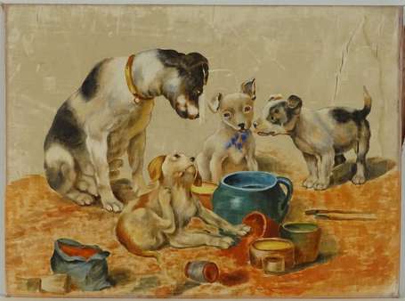 ECOLE ASIATIQUE XXe - Chienne et chiots. Gouache 