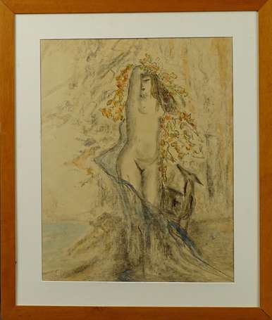 AC XXe - Femme au lévrier. Fusain et aquarelle, 