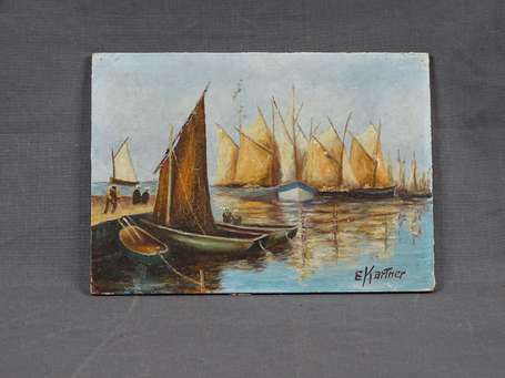 KARTNER E. Xxé Bateaux au port. Huile sur panneau 