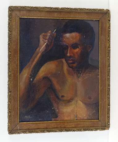 ECOLE Xxème Buste d'homme. Huile sur carton. 55 x 