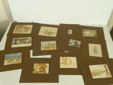 ECOLE XIXé environ 40 aquarelles paysages, scène 