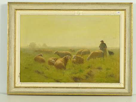 ECOLE Xxé Berger et son troupeau. Huile sur toile 
