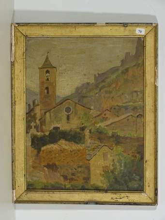 ECOLE FRANCAISE XIXème, Vue sur le clocher, huile 