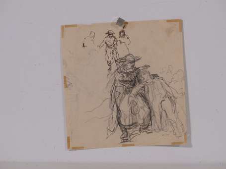 ECOLE XIXé Etude de soldats Encre et crayon double