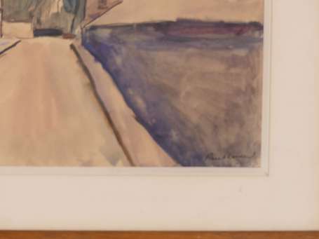 Ecole XXe-  Rue déserte. Aquarelle signée en bas à
