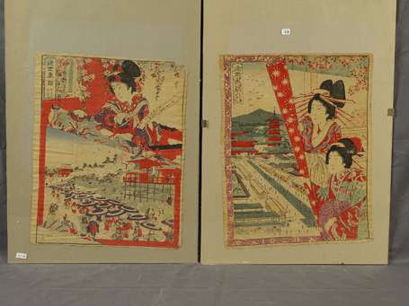 JAPON Xxe S - Geisha et paysage, Deux estampes.