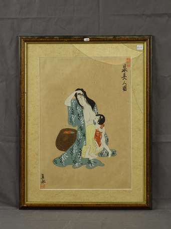 JAPON Xxe S - Maternité, Gouache. 45 x 35,5 cm 