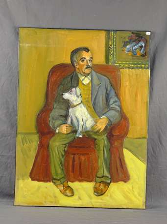 Ecole Xxe S - L'homme au chien, huile sur toile. 