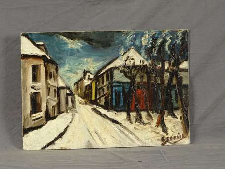 ECOLE XXe - Rue sous la neige. Huile sur toile, 