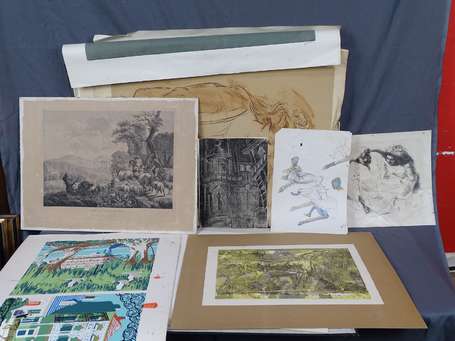 Lot d'affiches, gravures, tirages et divers, en 