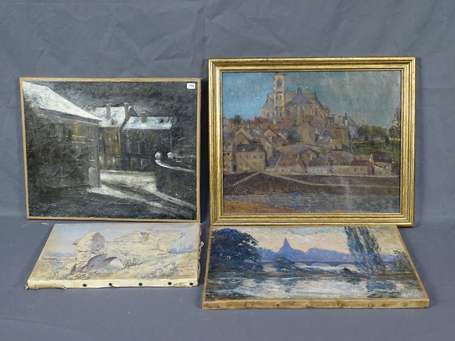 Paysages, trois huiles et une aquarelle, en 