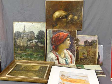 Portraits, paysages, ensemble de 9 tableaux en 