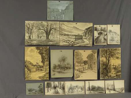 Ensemble de 10 Paysages, dessins au crayon noir.