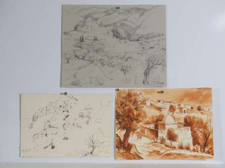 VALET Eric (1953-) Paysage orientaliste. 3 dessins
