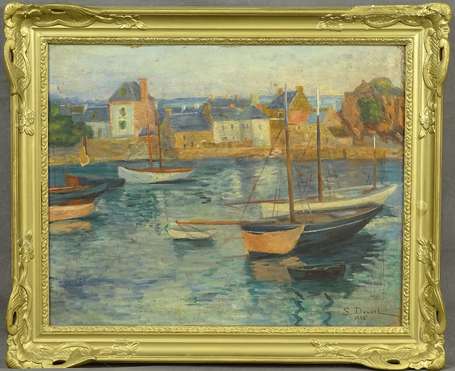 DOUCEL S. XXe - Bateaux au mouillage. Huile sur 