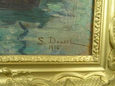 DOUCEL S. XXe - Bateaux au mouillage. Huile sur 