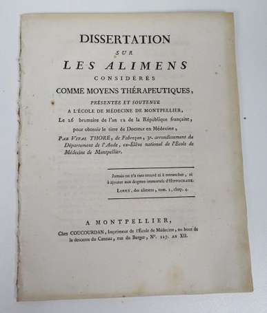 THORE (Vital) - Dissertation sur les Alimens 