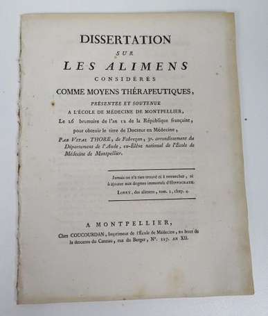 THORE (Vital) - Dissertation sur les Alimens 