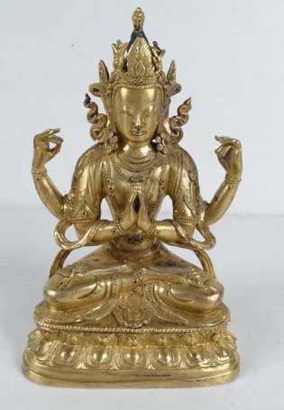 Bouddha Sujet en bronze partie patiné Tibet H.15,5