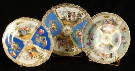 3 assiettes en porcelaine allemande, scène de 