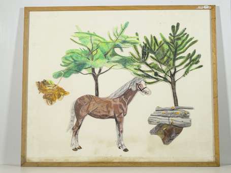 ECOLE XXè - Cheval, technique mixte dont collage. 