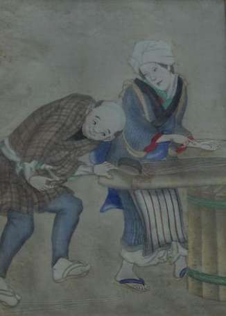 JAPON - Joueurs de koto. Peinture polychrome sur 