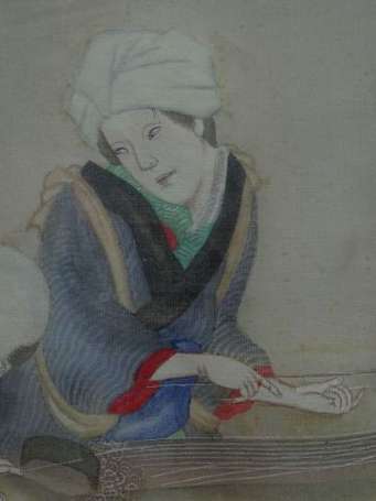 JAPON - Joueurs de koto. Peinture polychrome sur 