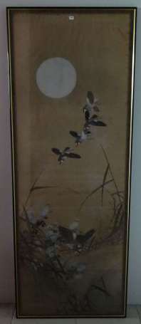 JAPON - Oiseaux en chasse. Peinture polychrome sur